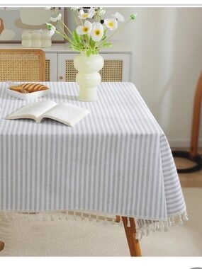 Striped Tablecloth with Tassel Trim Cotton Blend SQUARE 36x36” GRAY & WHITE